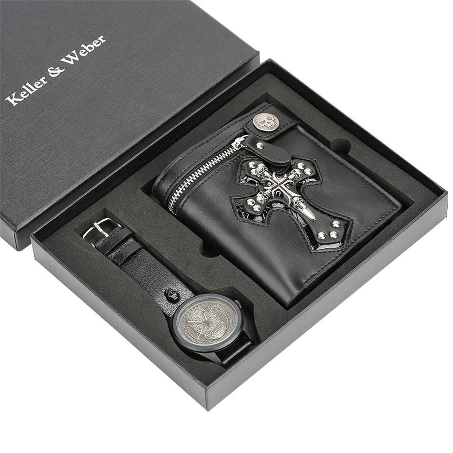 

Vintage Mens Watch Quartz Wallet Gift Set reloj masculino Steampunk Cool Skull Men's Wristwatch reloj Birthday Gift Boyfriend