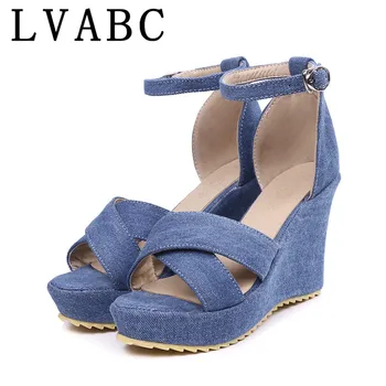 

2019 new arrive women sandals fashion denim casual summer shoes simple buckle 10cm comfortable wedges shoes woman black blue 39