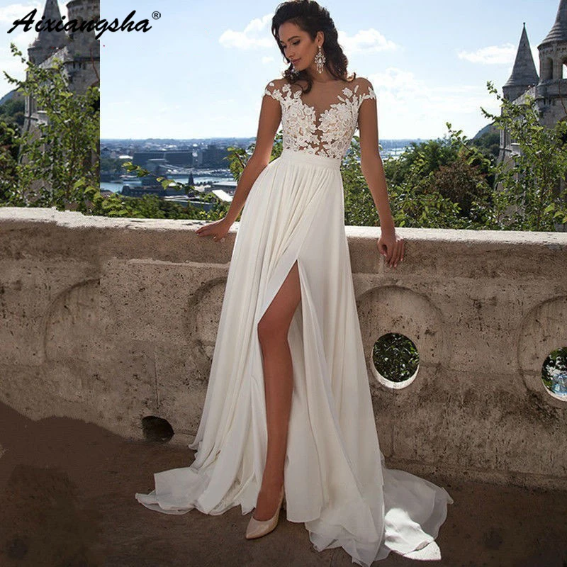 Vintage Chiffon Beach Wedding Dress 2019 Summer White Cap Sleeves V