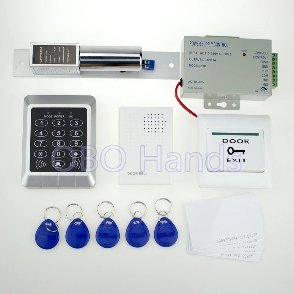 

Full RFID door access control system 157 model+power supply+electronic bolt lock+door exit button+door bell+keyfobs+ID card