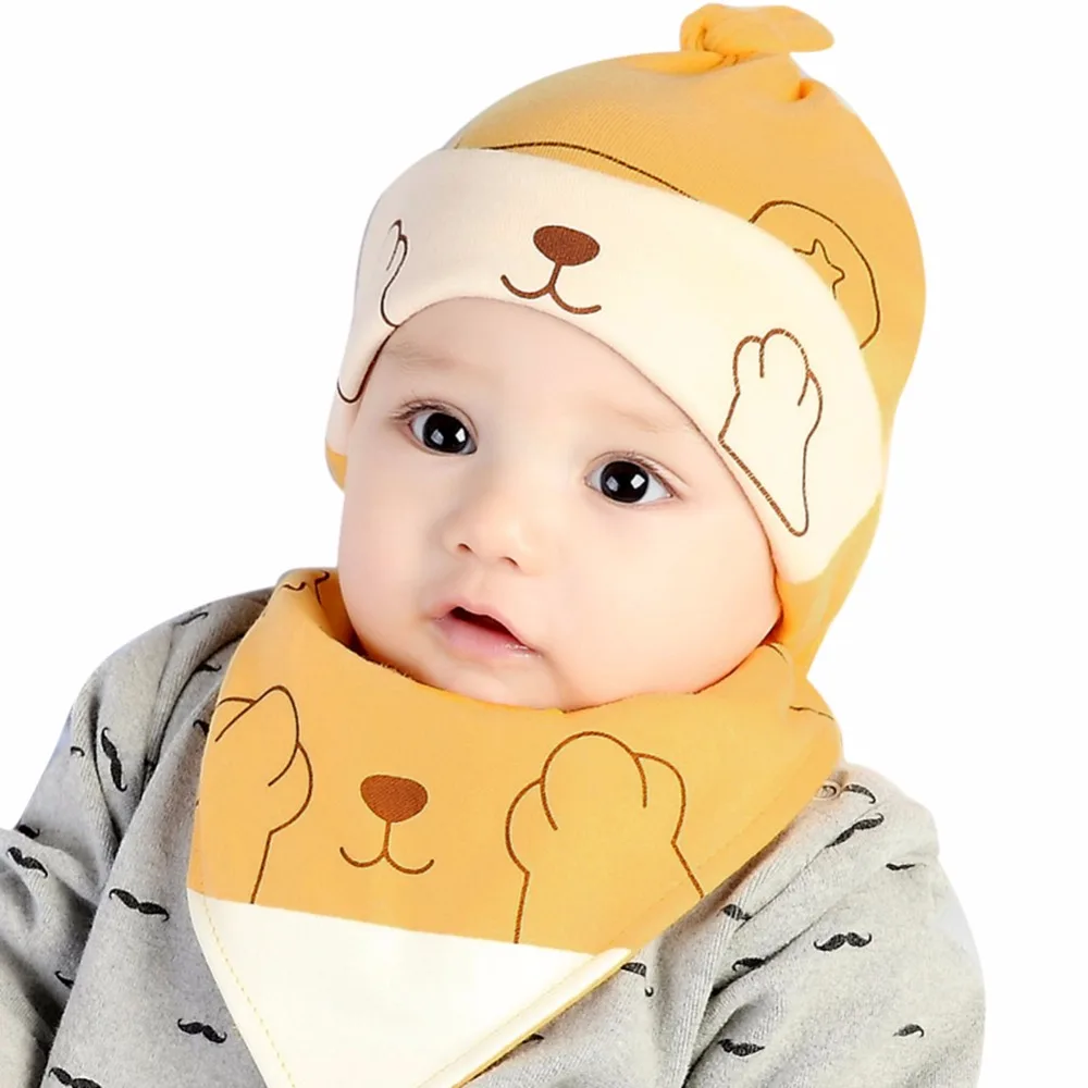 

0-12M Baby Kids Boys Girls Cartoon Cotton Hat Cap+Triangle Towel Bibs Saliva Set