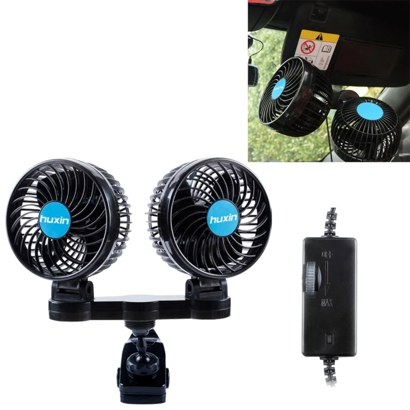 

7W 360 Degree Adjustable Rotation Clip Two Head Low Noise Mini Electric Car Fan with Roller Switch DC12V