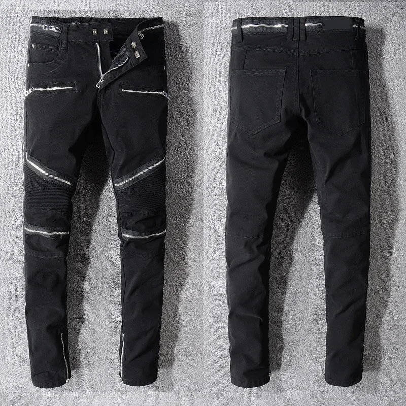 

New France Style #1071# Men's Embellished Ribbed Stretch ZIppers Pants Washed Black Denim Biker Jeans Slim Trousers Size 29-42