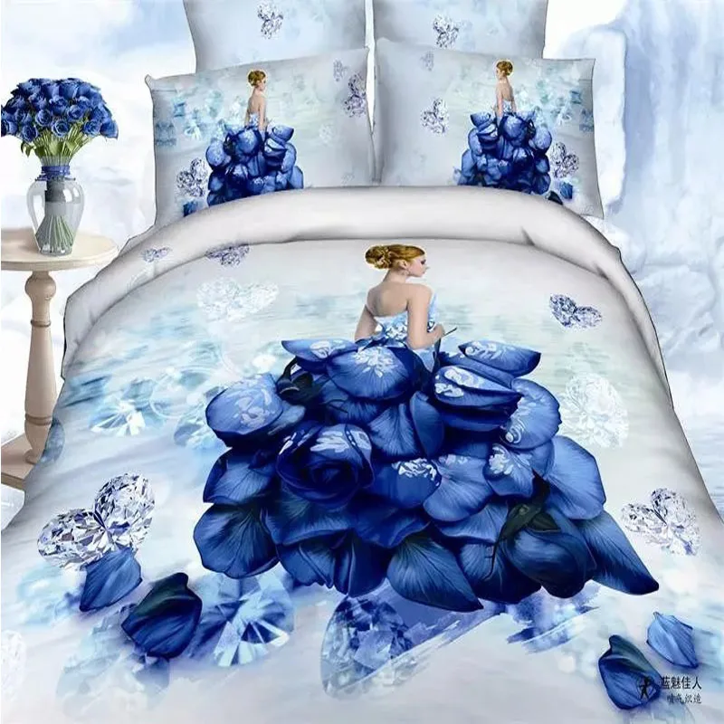 Beautiful Bride Blue Roses Unique Wedding Bedding Set Queen&King Size