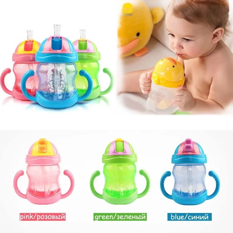 240ml Cute Baby Cups Kid Water Bottle Handle Children Learn Drinking Straw Sippy Training Cup copo com canudo 3 Colors | Мать и ребенок