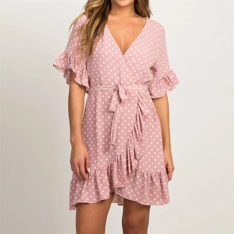 

Summer Chiffon Dress 2019 Boho Style Beach Dress Fashion Short Sleeve V-neck Polka Dot A-line Party Dress Sundress Vestidos