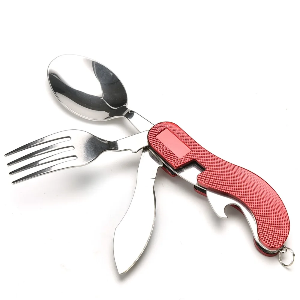 1 uniunid 3in1 portátil Multi bolsillo plegable cuchillo tenedor cuchara Camping senderismo Exterior Herramientas cubertería rojo oro colores al por mayor