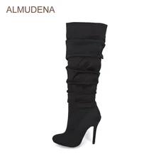 ALMUDENA/женские изящные замшевые сапоги до колена черного цвета пикантные высокие сапоги на тонком высоком каблуке со складками стильные высокие сапоги