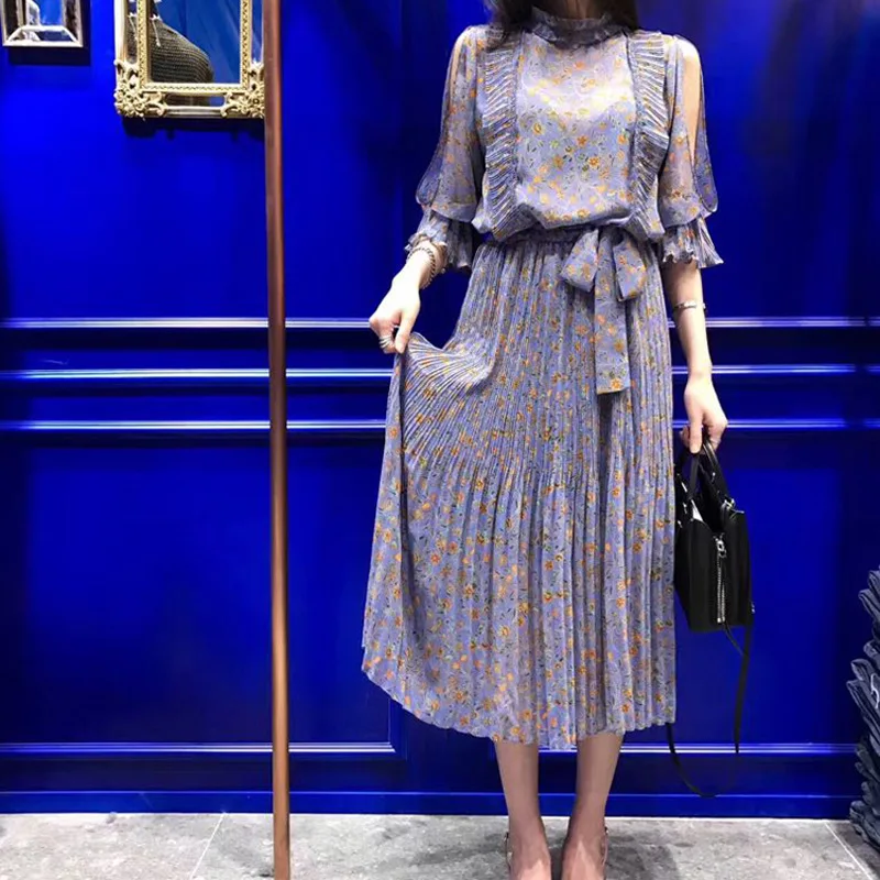

Han Version Summer New Fashion Wrinkle Engraving Empty Sleeves Splicing 100 Fold Print Lace Chiffon Dress Women 2019
