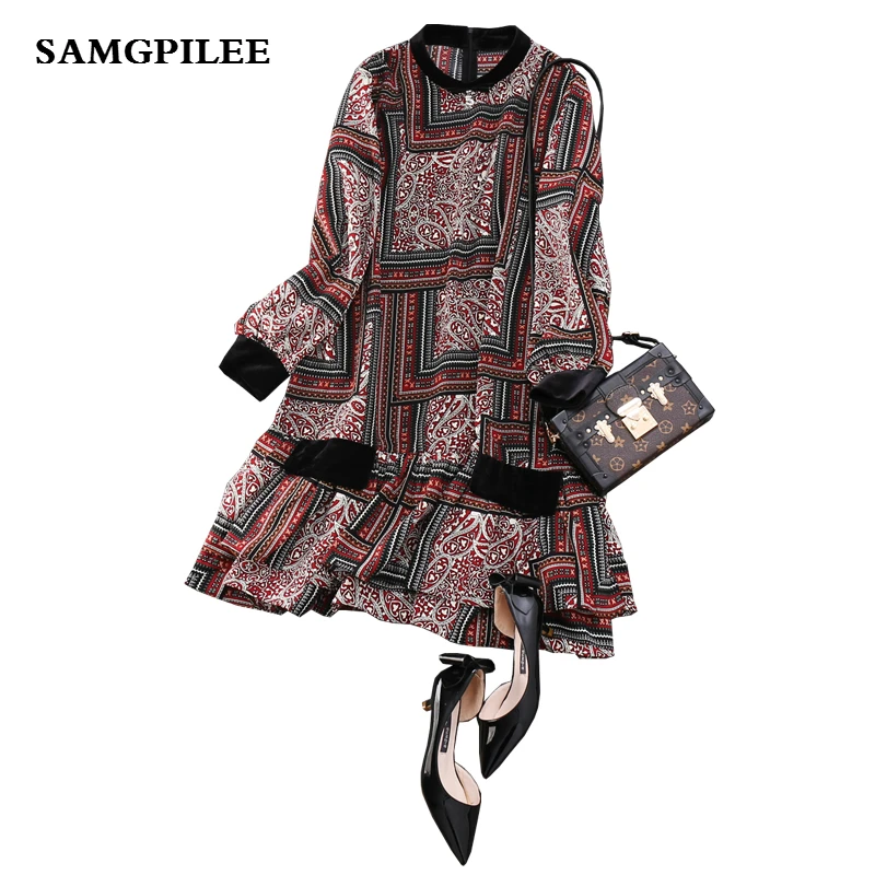 Completa 2019 Cuello Mujeres Primavera longitud De Samgpilee Moda Línea Llegada L La Las Rodilla Impresión Natural Nueva 3xl Apliques Red Vestido Manga qr0wq6A