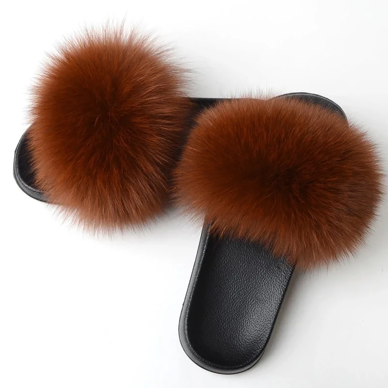 

2019 Women's real raccoon slides fur slippers Furry Fox slipper Cute Ladies Cute Plush Sandals Flat Fluffy Shoes for Wome