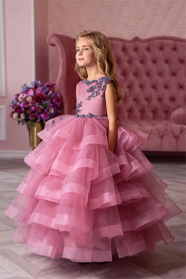 Новое поступление, фатиновые Платья с цветочным узором для девочек на свадьбу, индивидуальный бальный наряд для девочек от 2 до 14 лет, новые пышные многоярусные платья принцессы Longo