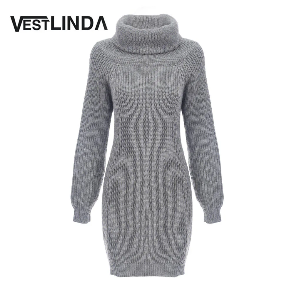 

VESTLINDA 2017 Autumn Winter Trendy Long Sleeve Turtleneck Knitted Sweater Women Dress Casual Solid Gray Mini Dress Vestidos