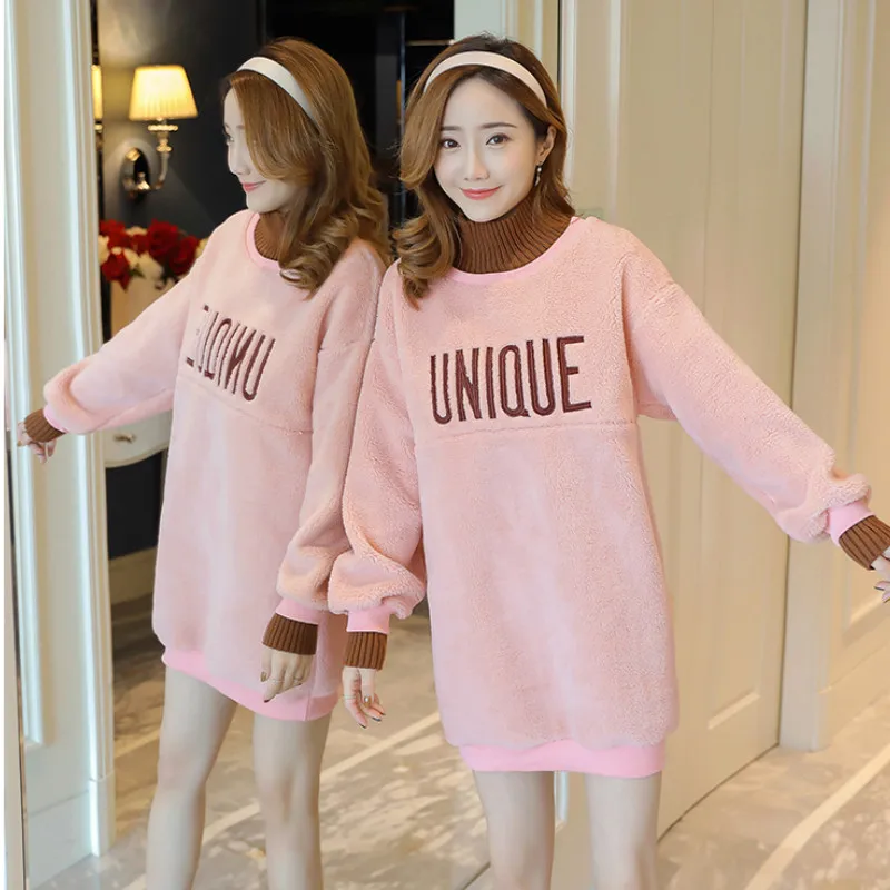 

Lamb Cashmere Winter Thicken Maternity Nursing Dressses Clothes for Pregnant Women Fashion Printed Brestfeeding Pregnancy Dress