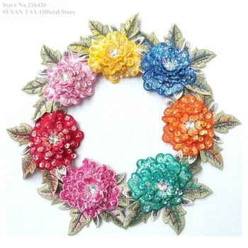 

New 7Color(Teal Blue Pink Red+)Beaded Sequined 4-Layer 3D Flower Embroidery Patches Water Soluble Lace Applique 10pcs/lot BNC142