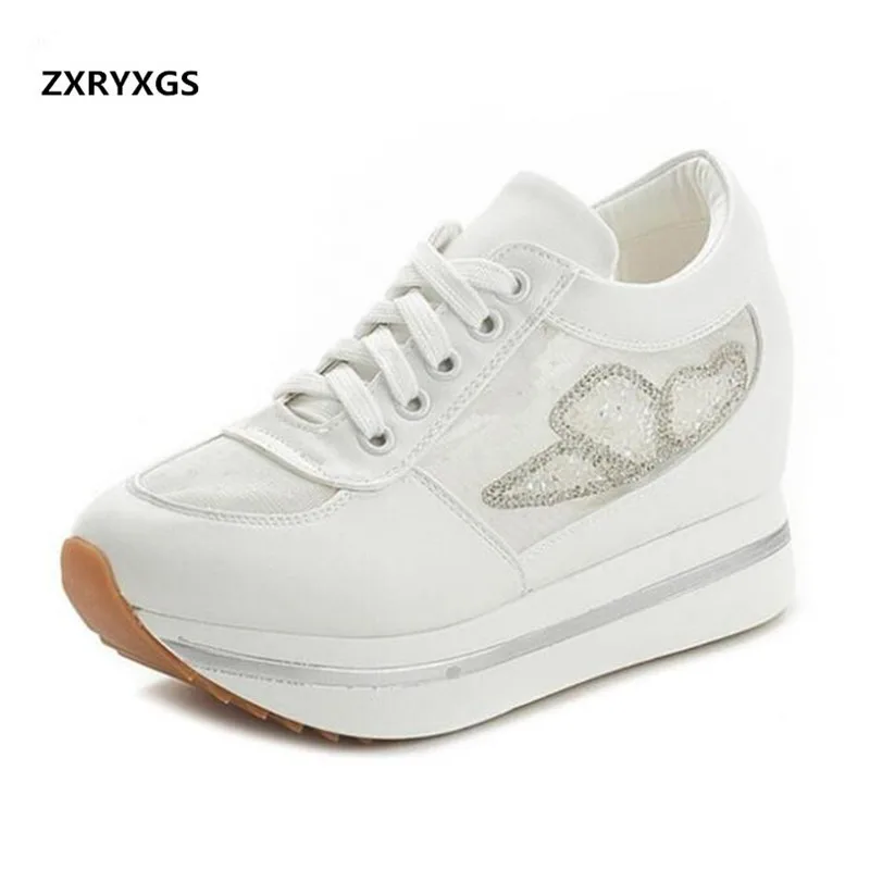 

2019 New Breathable Mesh High Quality Pu Rhinestone Shoes Woman Increased Within High Heels Fashion Casual Shoes Women Sneakers