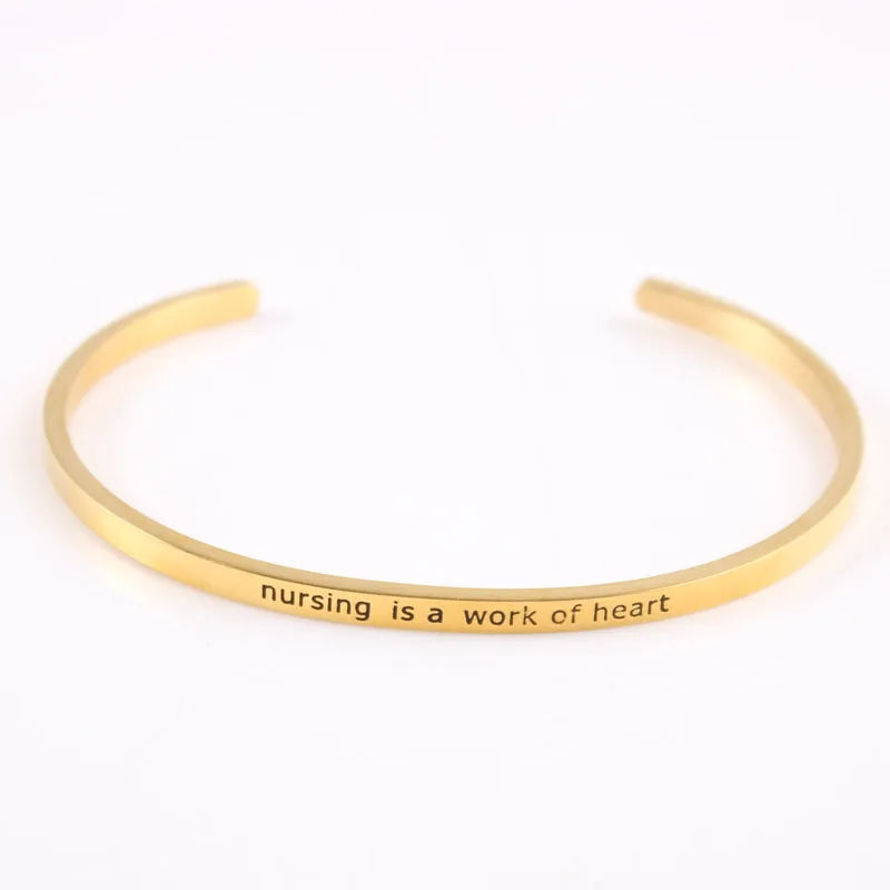 

Carving"Nursing Is A Work Of Heart" Stainless Steel Engraved Positive Inspirational Quote Cuff Mantra Bracelet Bangle