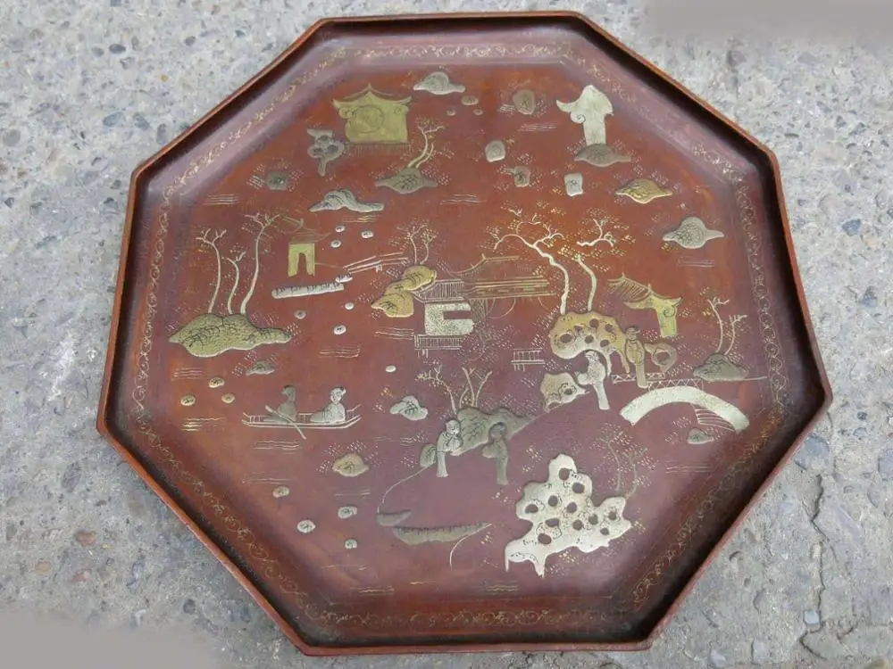 

13" China handwork lacquerware wood equisite spring outing picture Plate