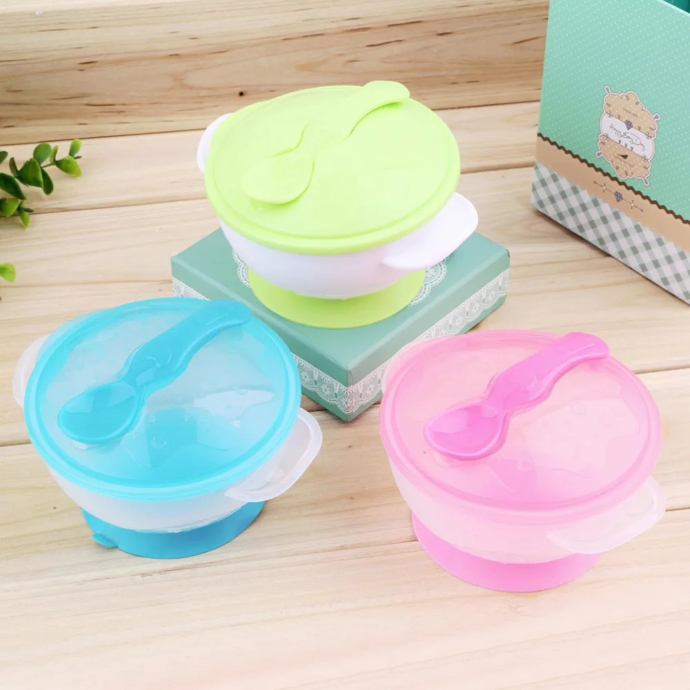 

Slip-resistant Wall Suction Child Tableware Baby Feeding Kids Sucker Dishes Gravity Non slip Binaural Bowl with cover and spoon