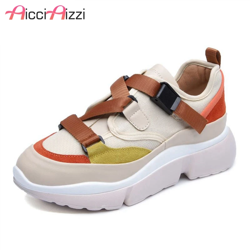 

AicciAizzi Women Real Leather Flats Shoes Fashion Patchwork Buckle Sneakers 2019 New Spring Shoes Women Footwear Size 35-39