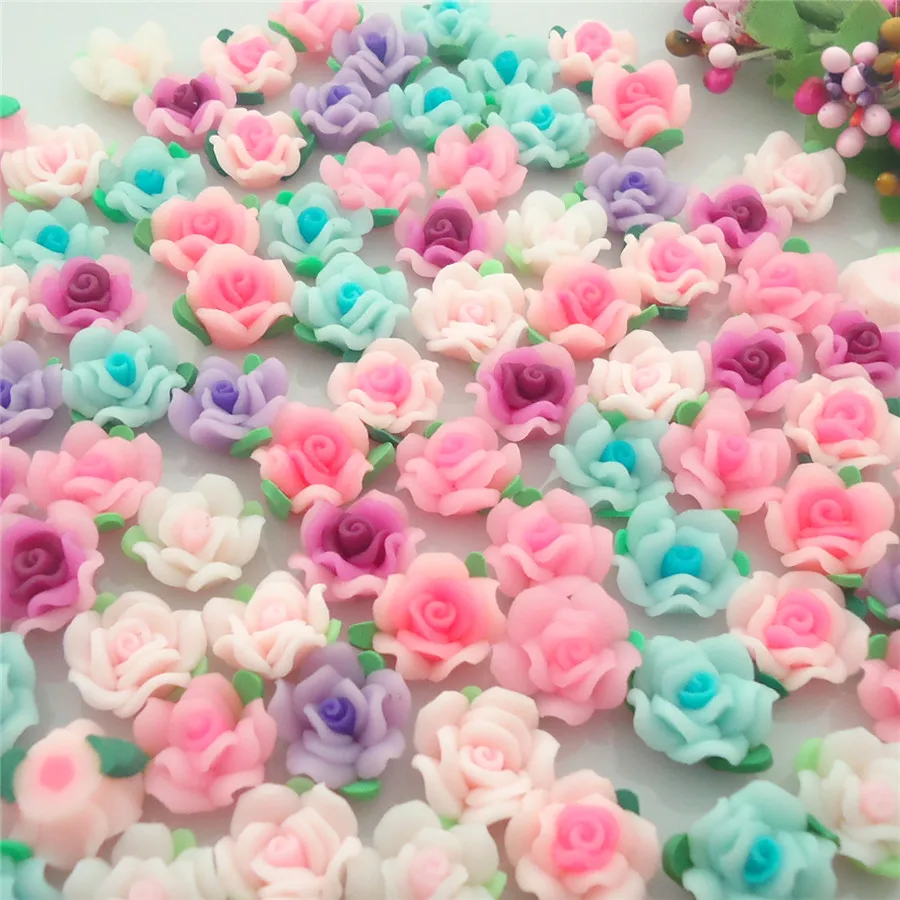50pc/lots 15mm Colorful Resin Polymerclay Flatback Rose Flower Beads