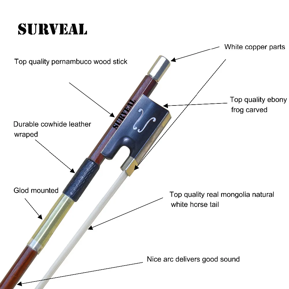 SURVEAL высокое качество цезальпиновый лучок Ebony Лягушка белая медная часть золото установленная обеспечивает теплый тон Arco de Violino Размер 4/4