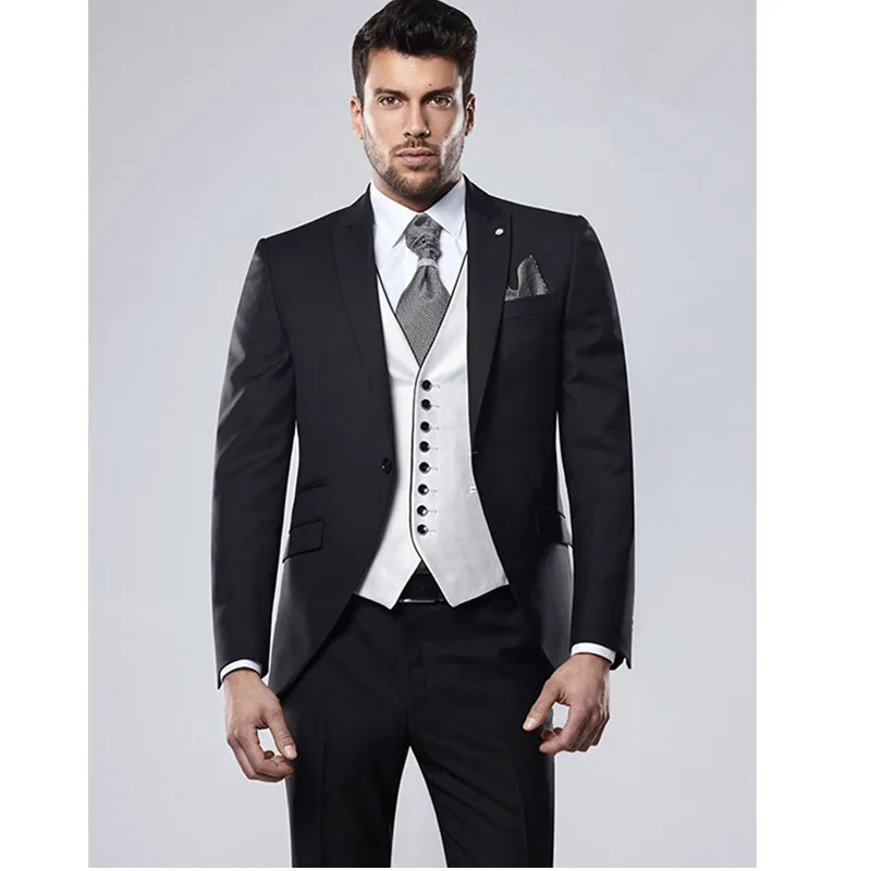 Высокое качество одна кнопка черный смокинг для жениха Пик нагрудные Groomsmen best человек мужские свадебный костюм (куртка + брюки + жилет +