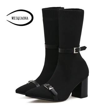 

WEIQIAONA winter new sexy women boots wool textile boots pointed toe warm thin legs fashion belt buckle high-heeled sock boots