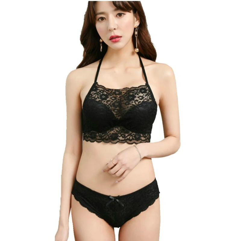 

Sexy Lace Flora Push Up Bra Set Cotton Cup Underwear Women Beautiful Backless Adjusted-straps Halter Lingerie Soutien Gorge