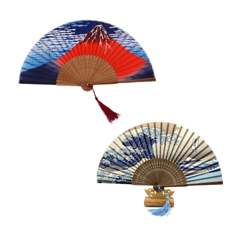 

Japanese Style Handheld Folding Fan Sunset Over Mount Fuji with Traditional Japanese Prints of Great Wave off Kanagawa