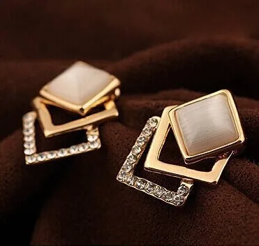 

18KG Plated 2016 New Style Korean Temperament OL Fashion Sparking Rhinestone 18KGP Geometry Square Opal Stud Earrings E108
