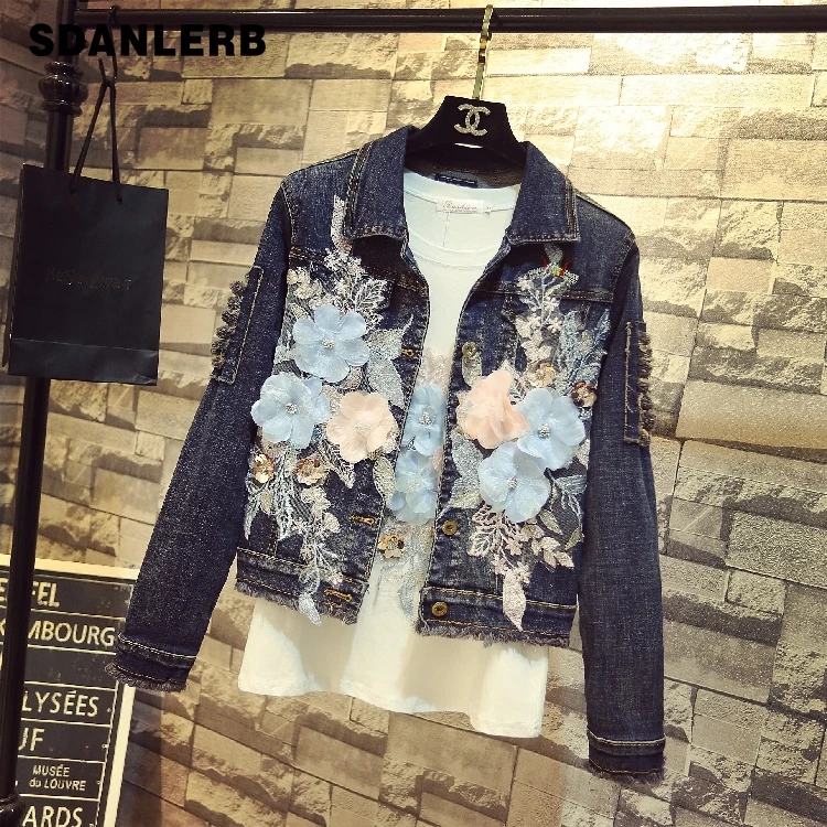 

2019 spring Fall Women Korean Fashion Denim Coat Hole Embroidery Blue Flower Long Sleeve Slim Jeans Coat Ladies Street Coats