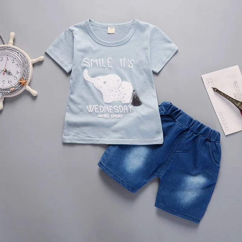 

Summer Baby Clothes Boy Short Sleeve T-Shirt Denim Shorts Set Elephant Printed Tops Jeans Outfits @ZJF
