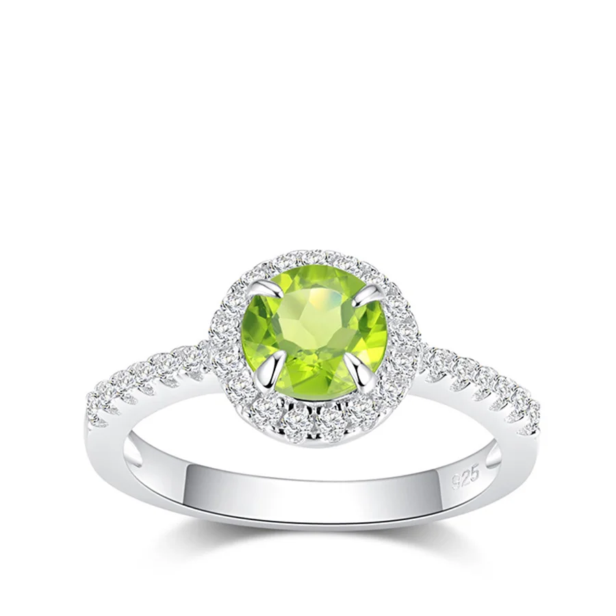 

PJC Natural Gemstone 8*6mm 1.35cts Oval Peridot With 0.25cts Round Shape White Zircon 925 Sterling Silver Ring