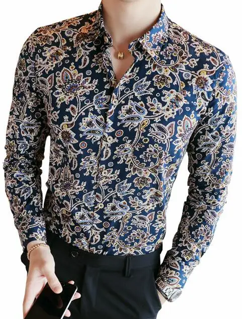 Men's Shirts Retro Floral Printed Man Casual Slim Shirt Fashion Classic Men Dress Shirt Men's Long Sleeve Brand Clothing - Color: NO.4