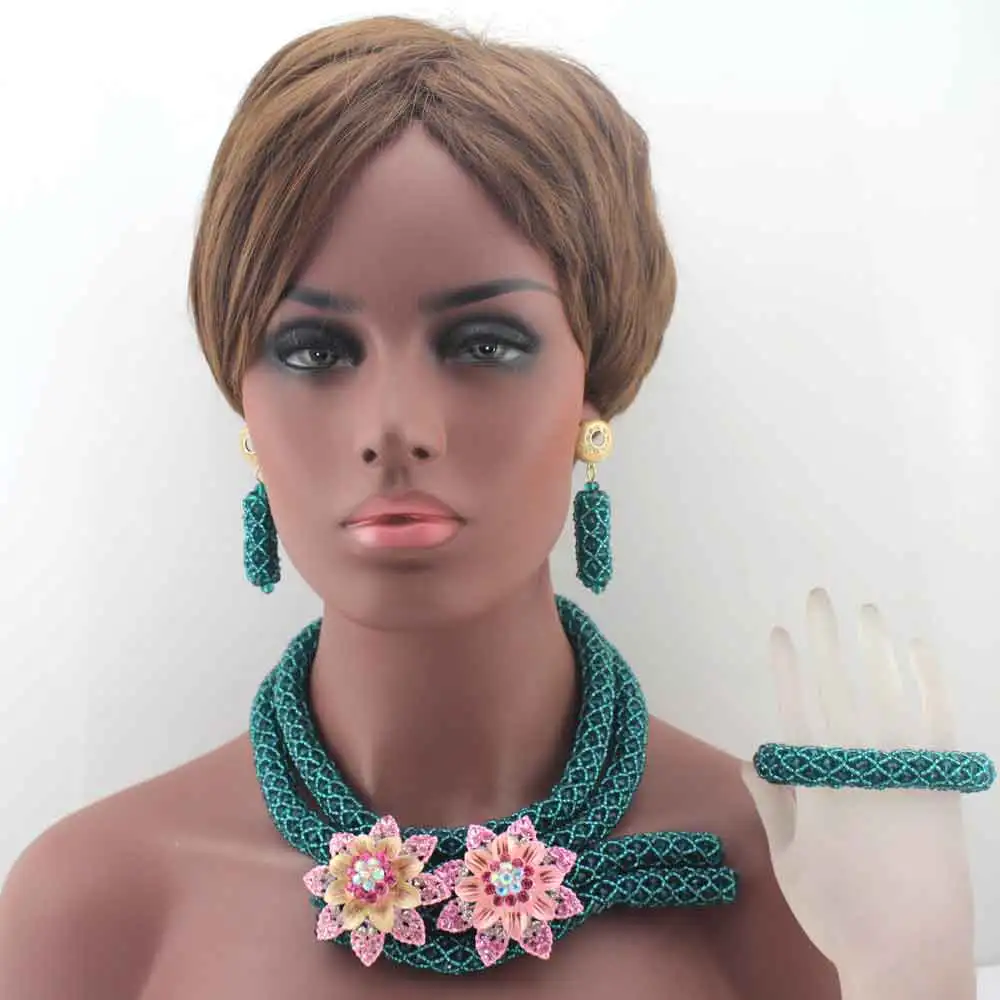 

Fashion African Beads Jewelry Sets Peacock Green Crystal Beads pendant Necklace Set Nigerian Wedding Bridal Jewelry Set HD7949