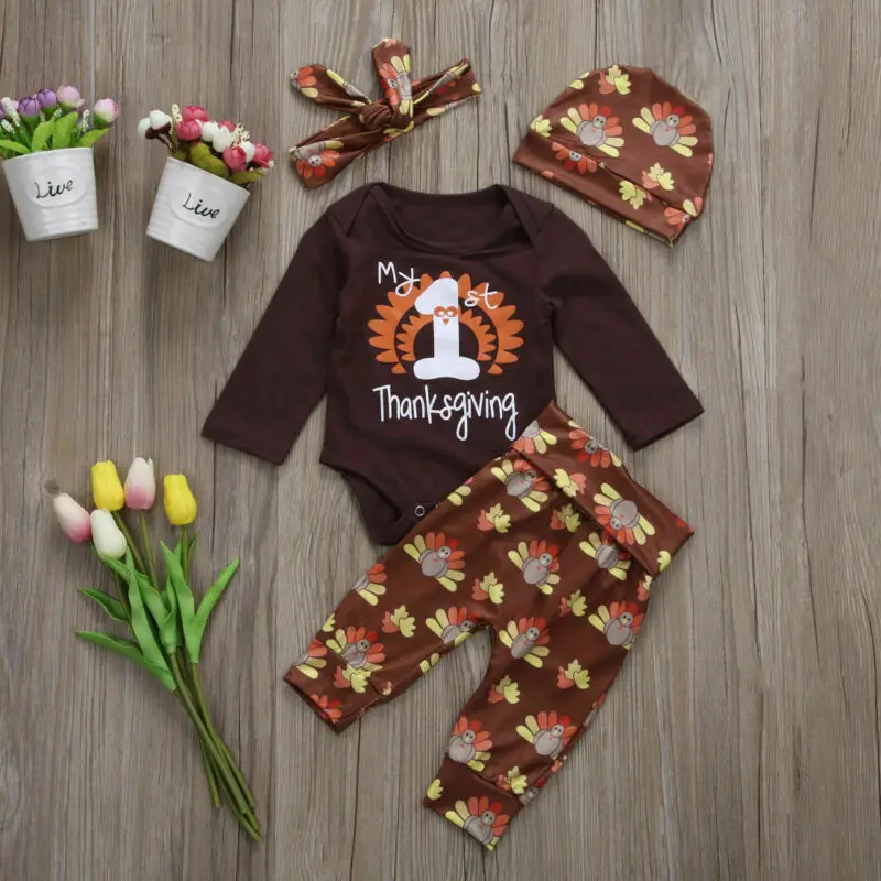 

2019 New 4PCS Sets Newborn Baby My 1st Thanksgiving Romper Jumpsuit Top+Pant+Hat+Headband Outfits Clothes 0-24M Dropshipping
