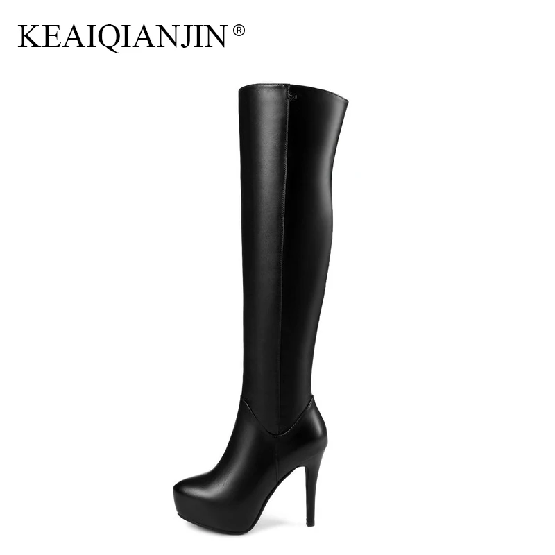 

KEAIQIANJIN Black Red Woman High Heeled Shoes Autumn Winter Zipper Knee High Boots Genuine Leather Chelsea Thigh Knee High Boots