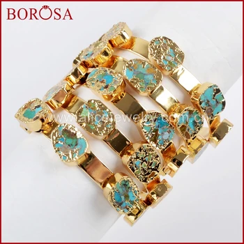

BOROSA 3/5PCS New Gold Color Copper Turquoises Five-Stone Bangle Natural Blue Stone with Copper Bracelet for Women Jewelry G1512