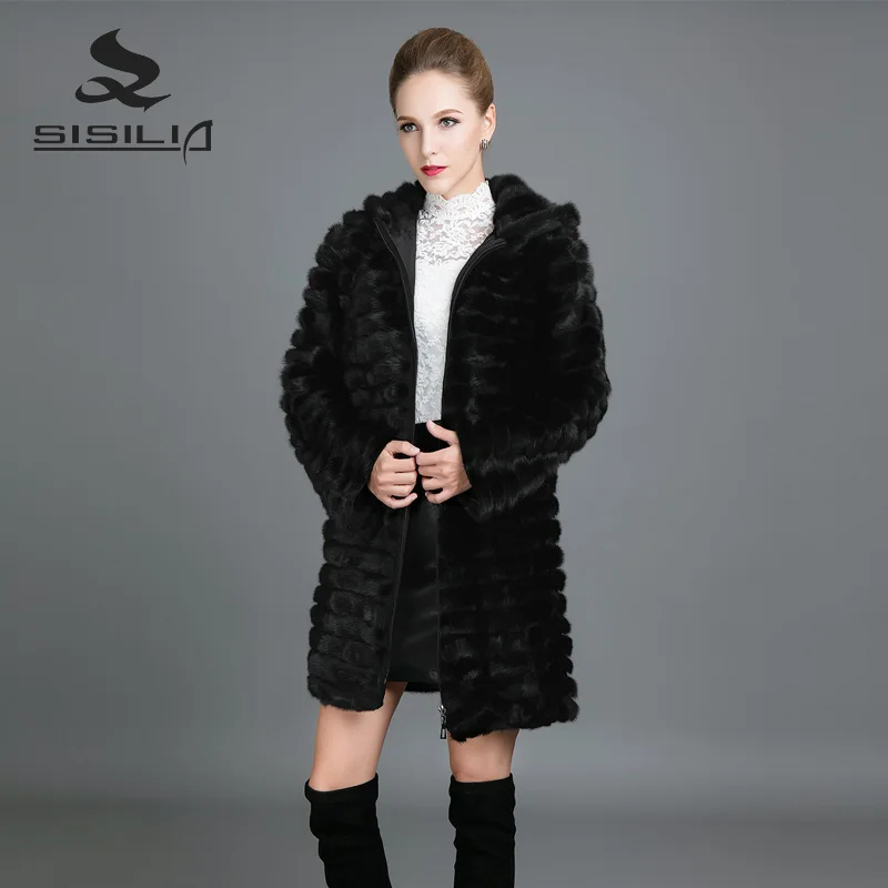 

SISILIA 2017 Fashion Mink Fur Coats Women With Hood Genuine Leather Fur Coats High Quality Mink Fur Stripe Long Jackets Female