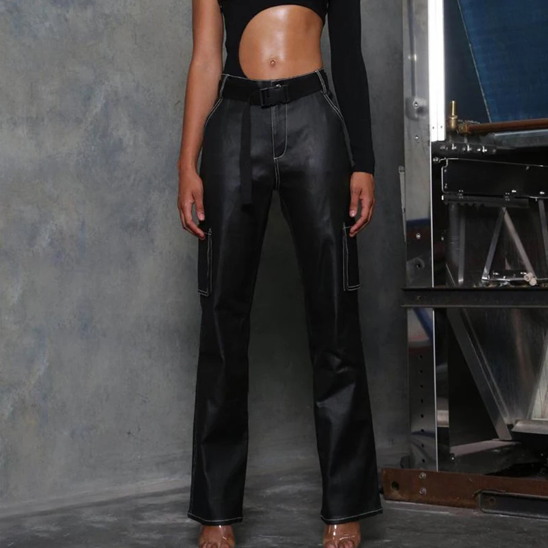 InstaHot Loose Wide Leg Pants Faux Leather PU Black High Waist Straight Pants Women Pockets Autumn Streetwear Casual Trousers InstaHot Loose Wide Leg Pants Faux Leather PU Black High Waist Straight Pants Women Pockets Autumn Streetwear Casual Trousers