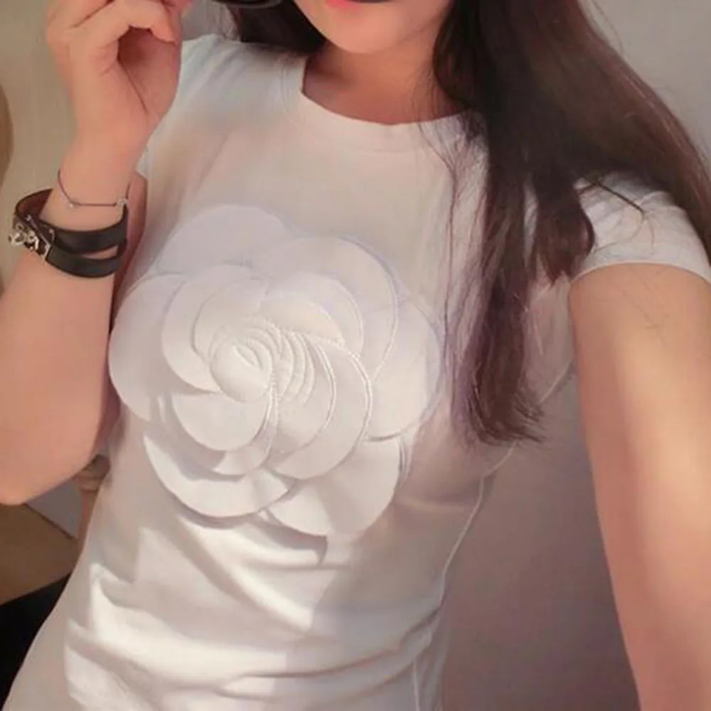 Prevalent Women Summer 3d Camellia Embroidery Luxury T-shirt Ladies Fashion Tops Slim Casual Vetement Female Tee Shirts Prevalent Women Summer 3d Camellia Embroidery Luxury T-shirt Ladies Fashion Tops Slim Casual Vetement Female Tee Shirts