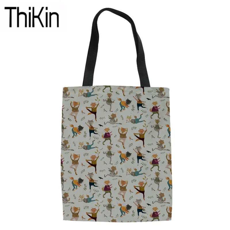 

THIKIN Cloth Bag for Women Foxes Printing Canvas Tote Bag Ladies Foldable Shopping Bags Females Reusable Eco Bags Grocery Pouch