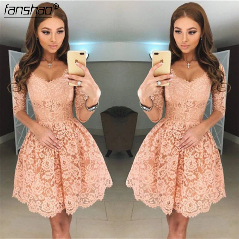 

Peach 2019 lace Homecoming Dresses A-line V-neck Half Sleeves Short Mini Lace Elegant Cocktail Dresses