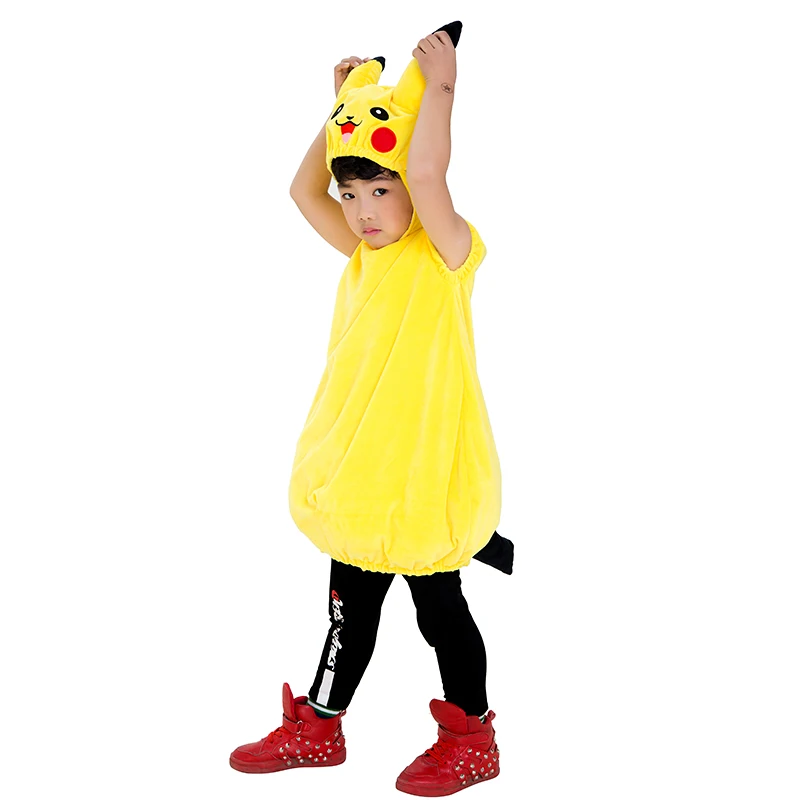 Kids Yellow Pokemon Pikachu Kigurumi Cartoon Onesie Flannel Pajamas One Piece Sleepwear Cosplay for Halloween Jumpsuit Boy Girl
