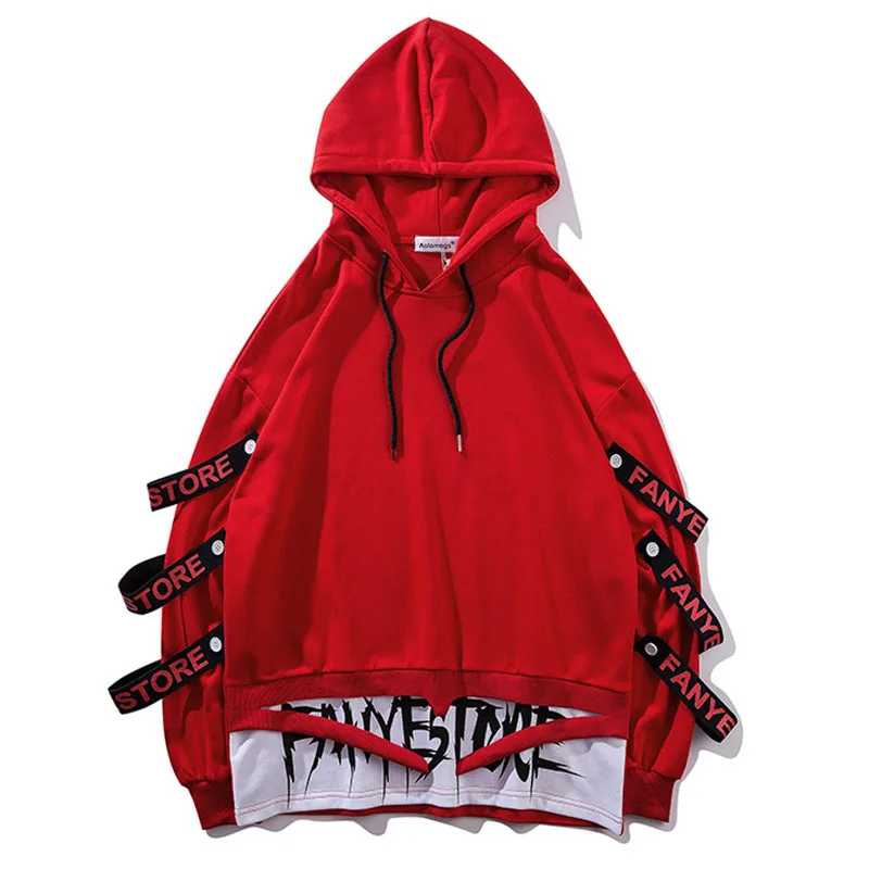 

Mens Hoodies Fake 2 Pieces Ribbons Hooded High Street Pullover Sweatshirt Men Fashion Hip Hop Streetwear Hoodie Autumn 2019
