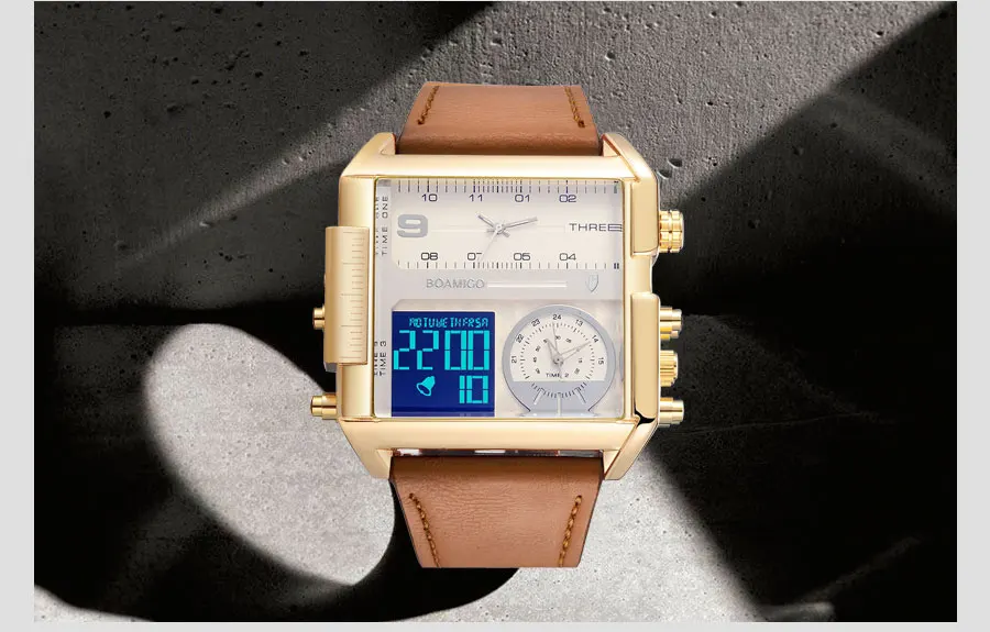 Mens Watches Top Brand Luxury BOAMIGO Wrist Watches for Men Sport Leather Band Military Chronograph Digital Watch Rectangle Case (27)