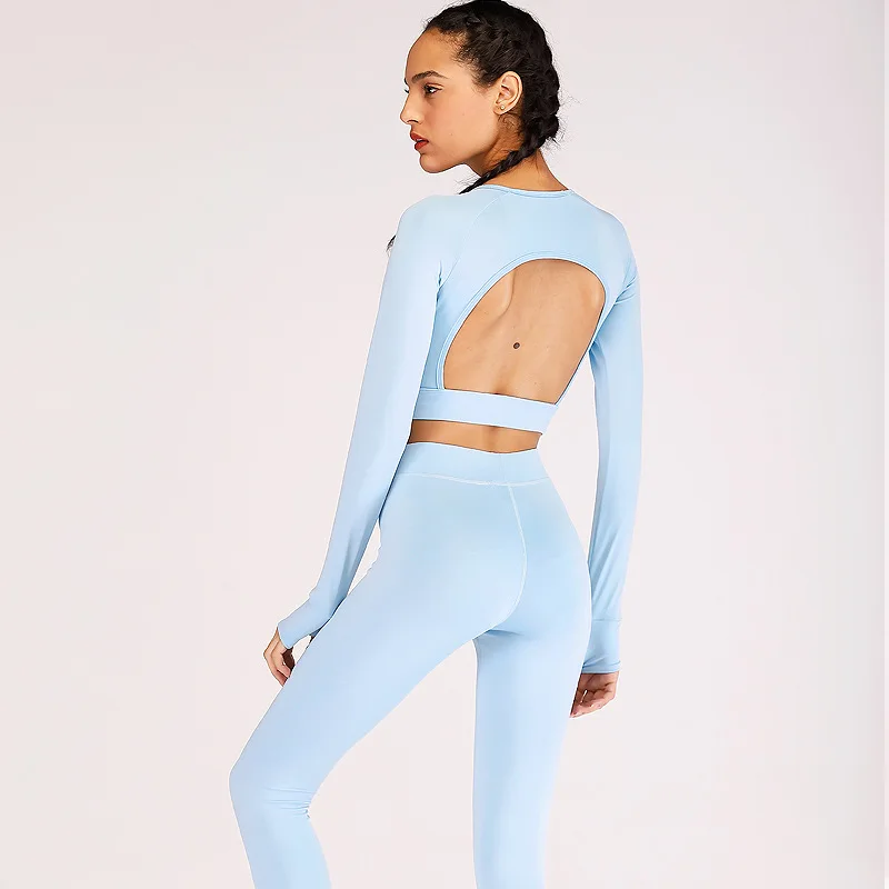 

2 Pcs/Set Women Long Sleeve Yoga Suit Workout Clothes For Women Blue Sport Leggings +Sports Bra Gym Yoga Set Fitness Gym Wear
