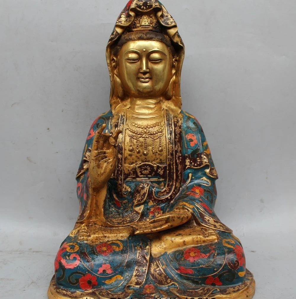 16" Chinese Buddhism Bronze Cloisonne Gild Seat Kwan yin Guan Yin