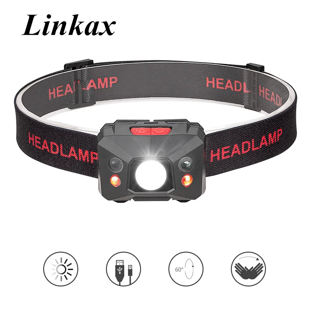 LED Body Motion Sensor LED Headlamp Rechargeable Headlamps USB 5 Modes
